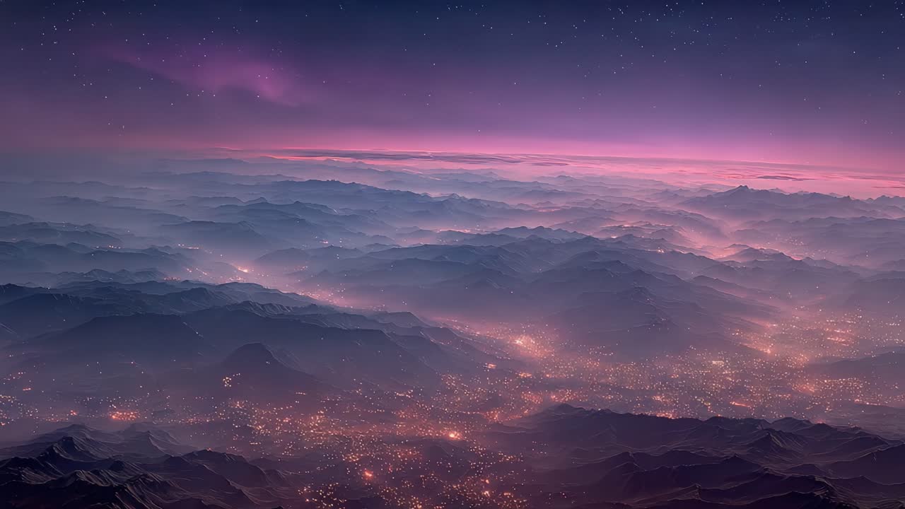 Una straordinaria veduta aerea di sereni paesaggi montani al crepuscolo, che cattura le luci abbaglianti della città sottostante e le stelle mistiche sopra, in un'armoniosa ambientazione crepuscolare