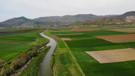 agricultural parcels of crops and river streaming from mountains, aerial view