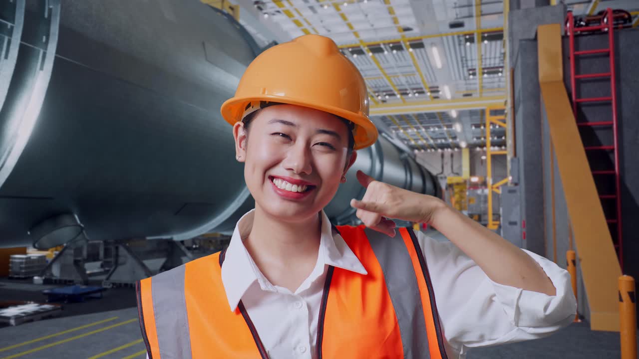 안전 헬을 입은 아시아 여성 엔지니어가 카메라를 향해 미소 짓고 파이프 제조 공장에서 서 있는 동안 나를 불러 주십시오.