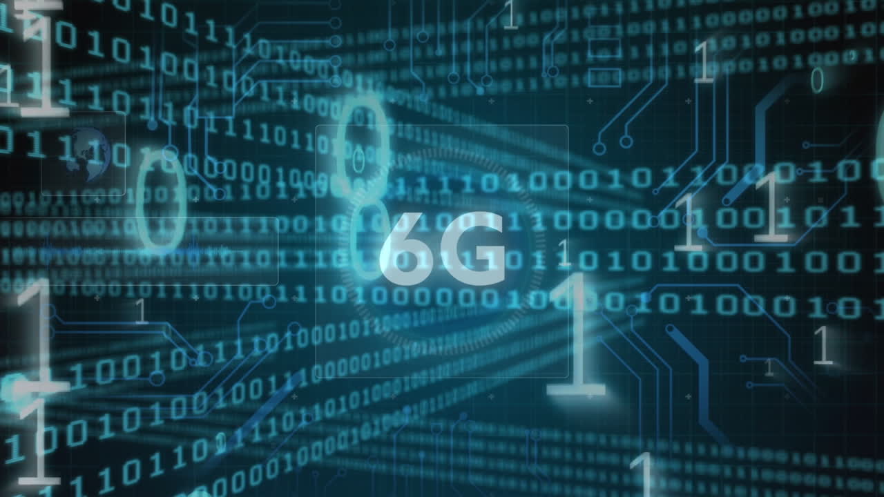 procesamiento de datos de texto y codificación binaria de 6g contra conexiones de microprocesador en fondo azul