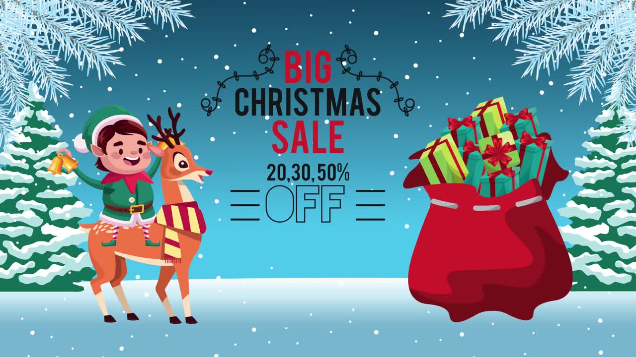 feliz tarjeta de navidad con elfo y ciervo