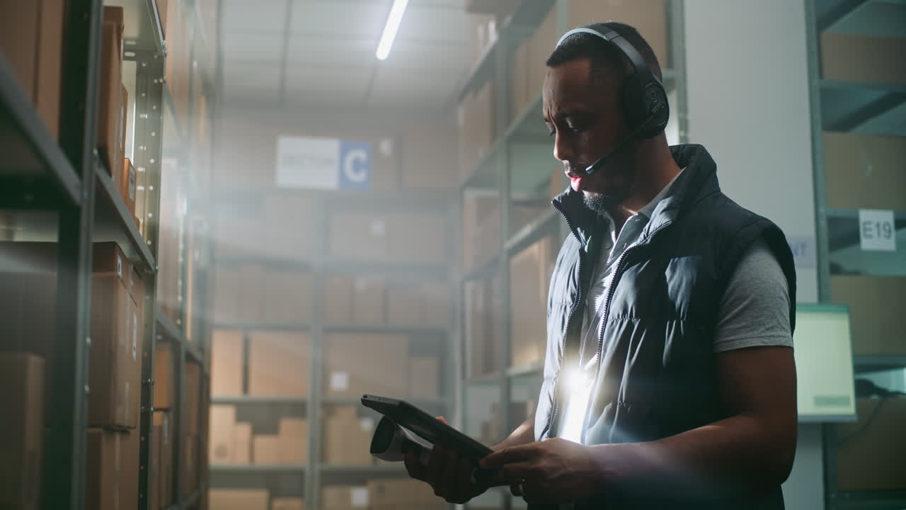trabajador de almacén que utiliza una tableta