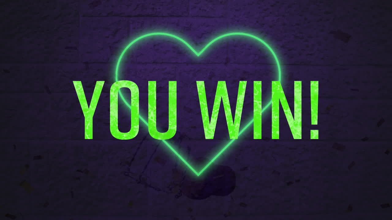 녹색의 애니메이션 당신은 네온 녹색 심장 아이콘을 통해 텍스트 배너를 승리 회색 벽돌 벽