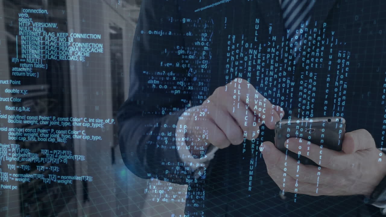 animación del procesamiento de datos con un hombre usando un teléfono inteligente en el fondo