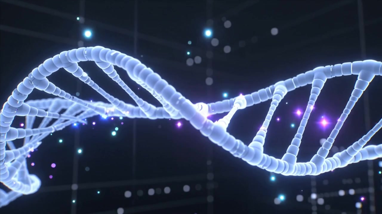 Elica di DNA vitrea rotante che mostra i pioli delle coppie di basi in uno spazio 3D scuro, carrello della telecamera che mostra le particelle.