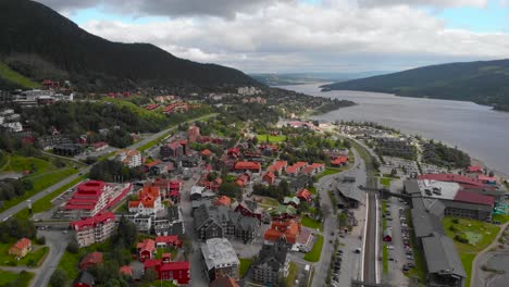 aerial shot of beautiful ski village in sweden, tourist travel destination