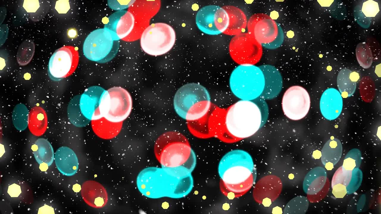 눈이 떨어지고 크리스마스 요정의 불빛이 검은 배경 위에서  ⁇ 박이는 애니메이션