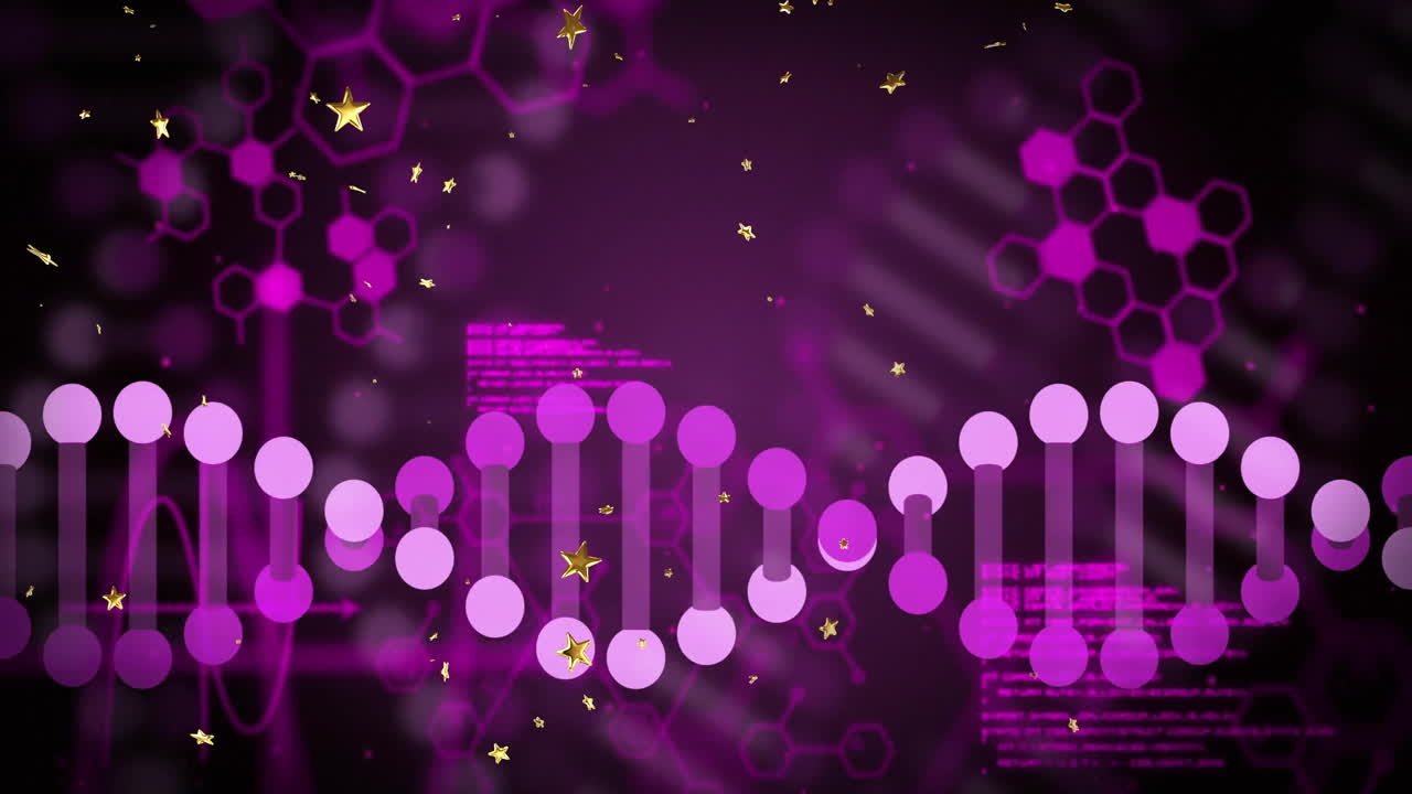 Scientific data processing animation with DNA strand and binary coding elements