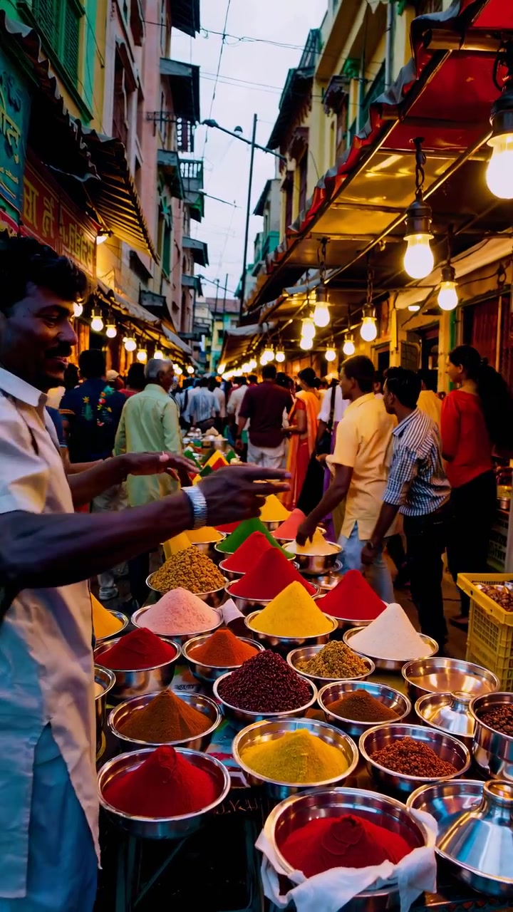 Indian Spice Merchant Selling Colorful Spices in Bustling Market