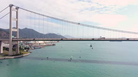 Hong-Kong-bay-and-Tsing-Ma-bridge,-Aerial-view