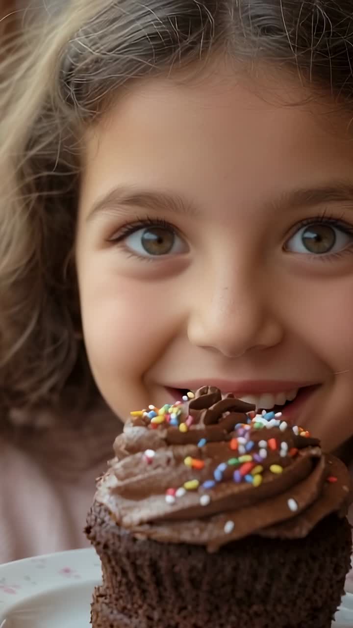 Vertical video: Gazing at chocolate cupcake, child smiling holding it on table, showing sprinkles