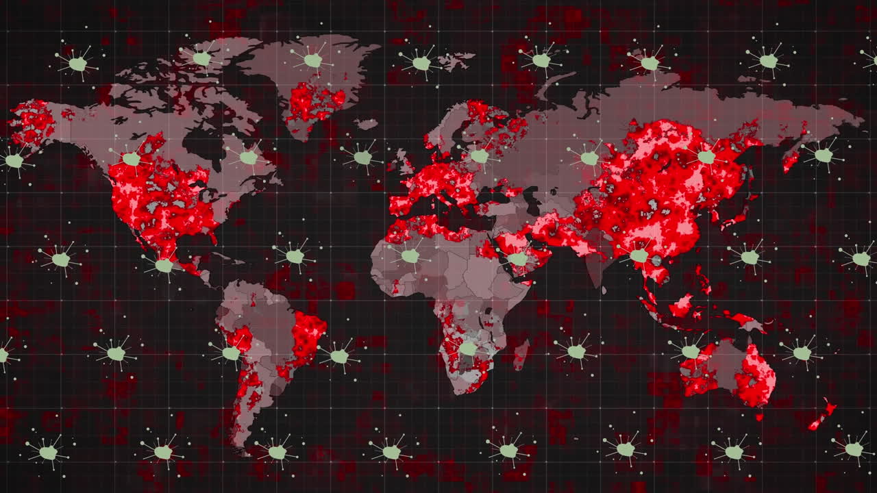 animación de células de virus sobre el mapa del mundo
