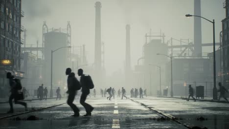 a foggy urban landscape filled with silhouetted figures in motion, depicting a chaotic scene of escape or pursuit amidst industrial structures