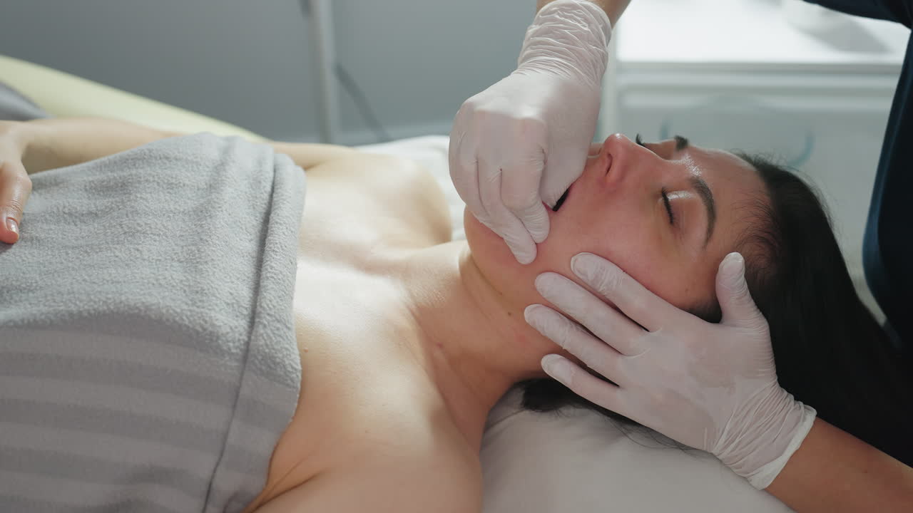 Young woman lying on massage chair opens mouth and closes eyes gently as therapist wearing protective gloves dips fingernail inside mouth while other hand massages cheeks in clinical setting for care