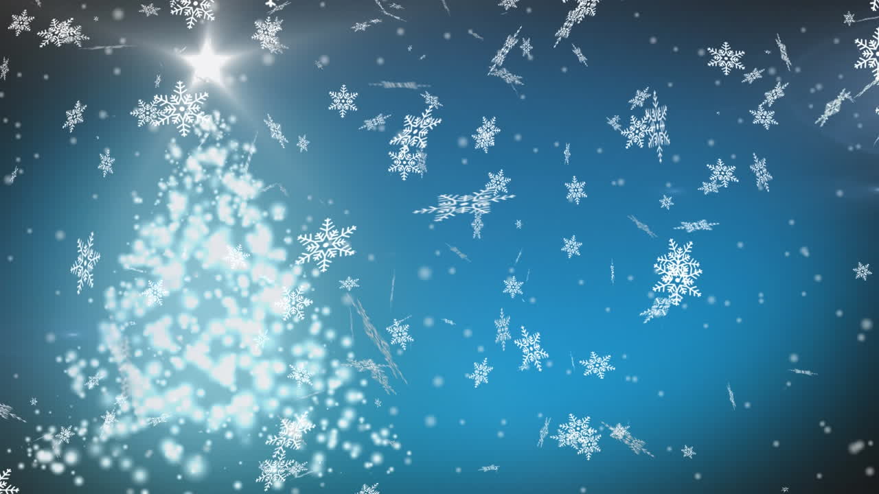 animación digital de copos de nieve cayendo sobre el árbol de navidad contra un fondo azul