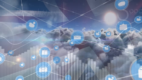 animation of financial data processing, network of connections and flag of uk over sky with clouds