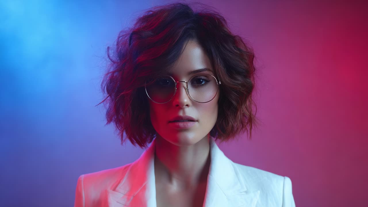 Striking Portrait of a Stylish Individual with Curly Hair and Glasses, Captured in a Dramatic Colored Light Setting that Enhances Their Unique Fashion Statement