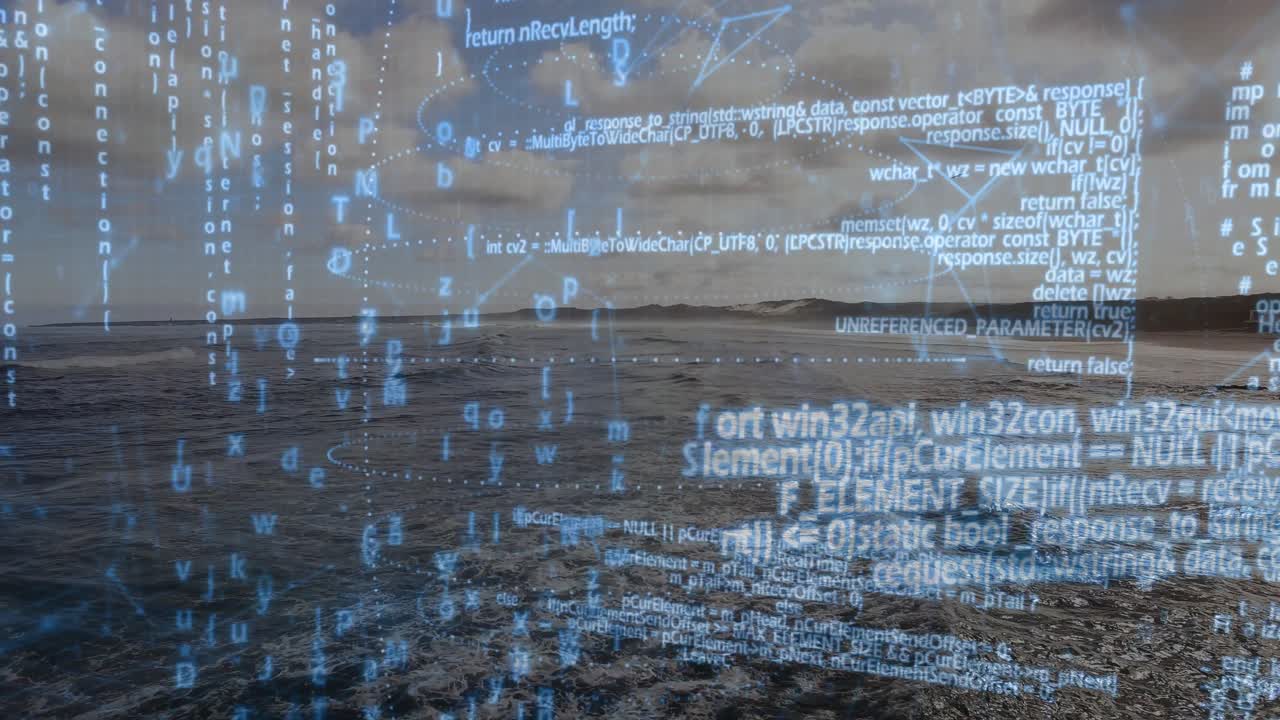 Displaying open ocean surface moving toward camera at coast, with intensifying blue code overlay