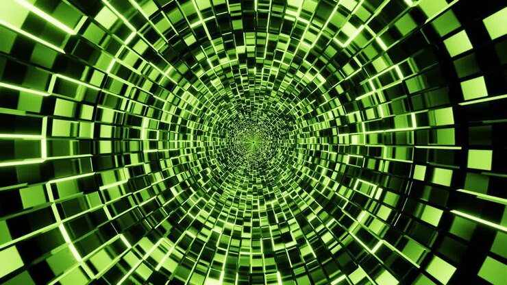 Flying into tunnel, sci-fi spaceship corridor. Futuristic background for tech titles. 3D loop