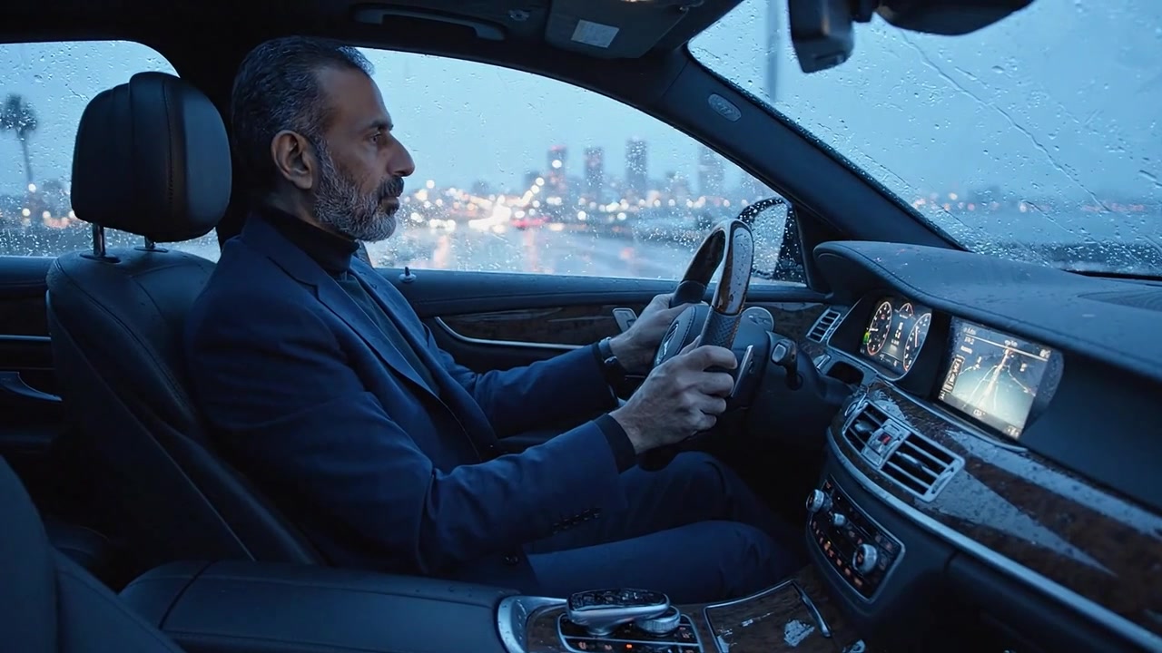 A thoughtful driver navigating through a rainy urban landscape at dusk, showcasing a moment of reflection and solitude within a luxurious car interior.