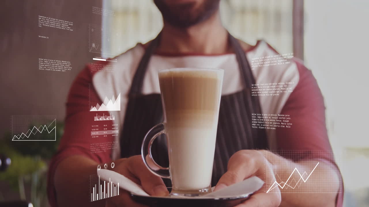 Male barista holding layered latte while technology line charts and bar graphs floating around cafe