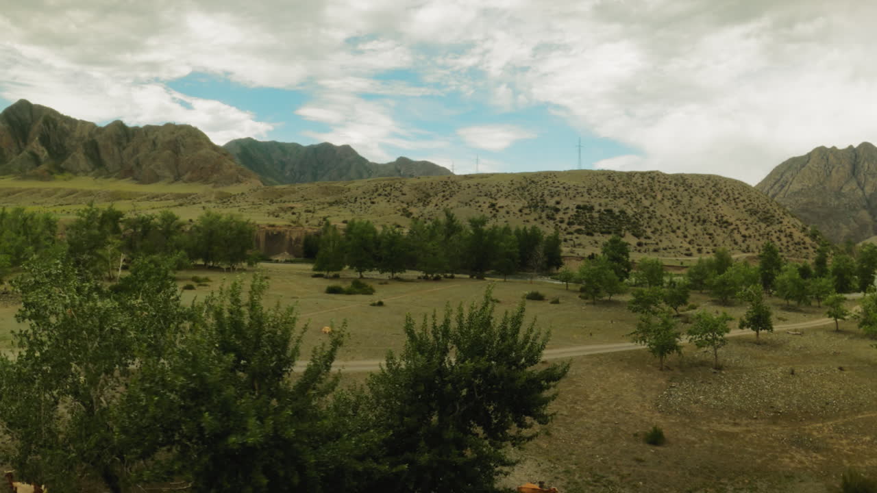 el rebaño de vacas perezosas descansa en el valle montañoso fpv drone. los animales de ganado de la granja yacen en el pasto cruzado por la carretera de tierra. escena pastoral con el ganado en un día de verano