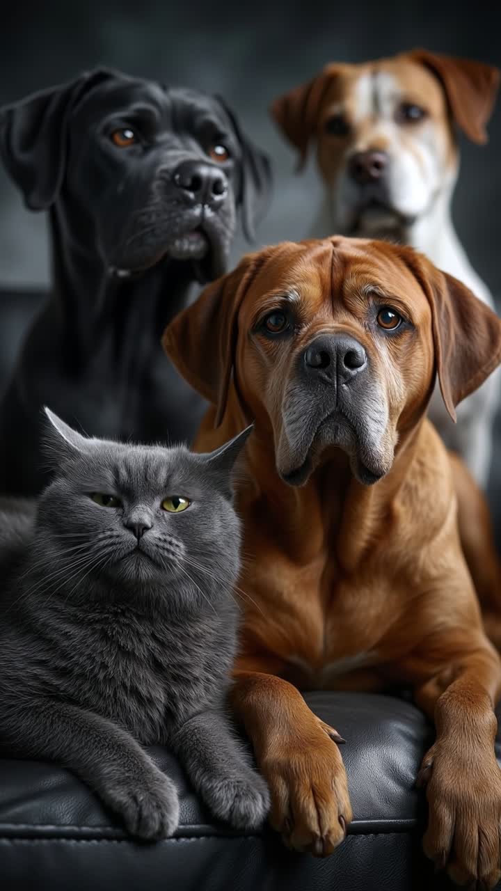 Group of domestic pets including three different dogs and a grey cat sitting together in studio