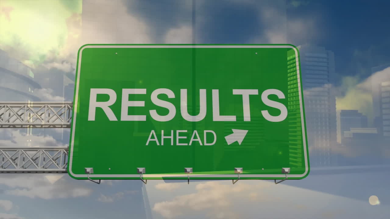 Green road sign with RESULTS AHEAD text animation over cityscape background