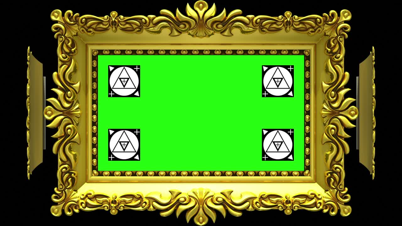 장식 된 금색 그림 프레임은 검은색 바탕에 원으로 회전합니다. 모스리스 루프, 모션 추적 마커와 녹색 화면과 함께 3d 애니메이션. 알파 매트 포함되어 있습니다.