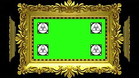 marcos de imágenes dorados ornamentados giran en un círculo sobre fondo negro. bucle sin costuras, animación 3d con marcadores de seguimiento de movimiento y pantalla verde. matte alfa incluido.