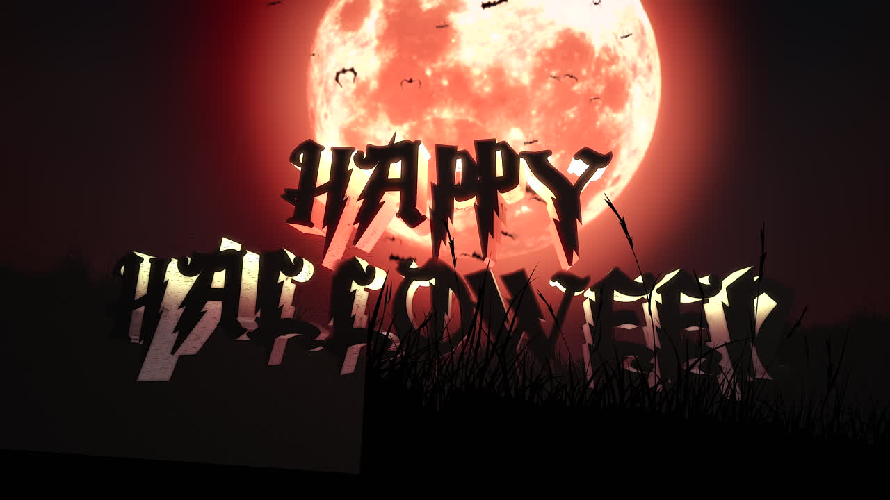 미스터리한 하늘에 큰 붉은 달과 박쥐가 있는 해피 할로윈
