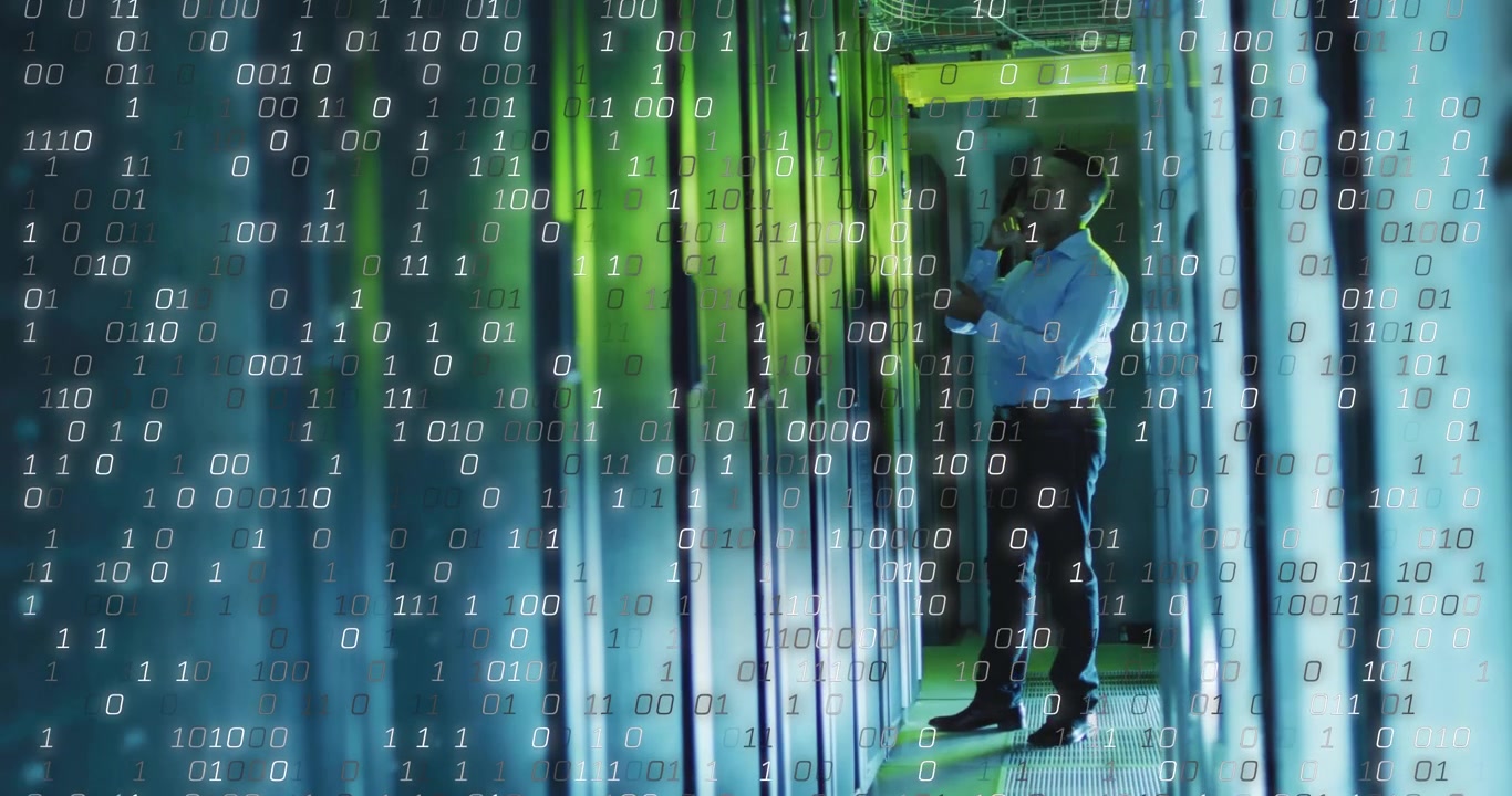 IT technician entering server aisle inspecting rack confirming status with binary flow intensifying