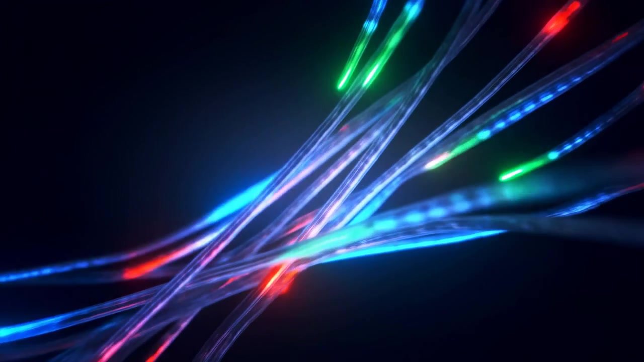 Heldere neonlichtlinten vegen over diepe zwarte ruimte in elkaar kruisende diagonale paden, vormen gelaagde doorschijnende strepen met dominantie van blauw en cyaan plus levendige groene, rode en magenta accenten