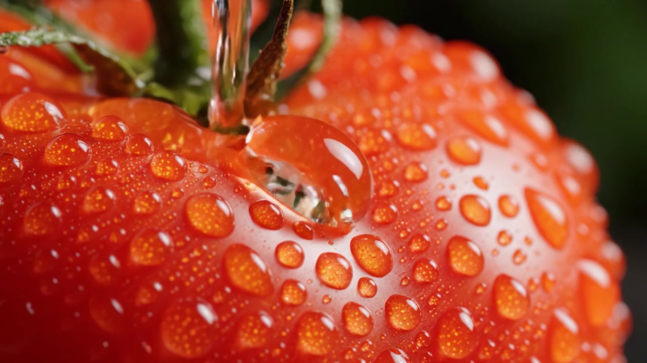 Primo piano di un pomodoro fresco con goccioline d'acqua luccicanti che ne evidenziano il colore rosso vibrante e la consistenza succosa, catturato con dettagli mozzafiato.