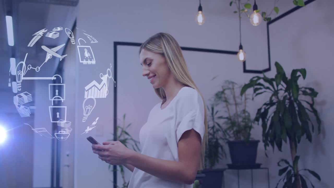 animación del globo con una red de iconos sobre una mujer de negocios caucásica en el cargo