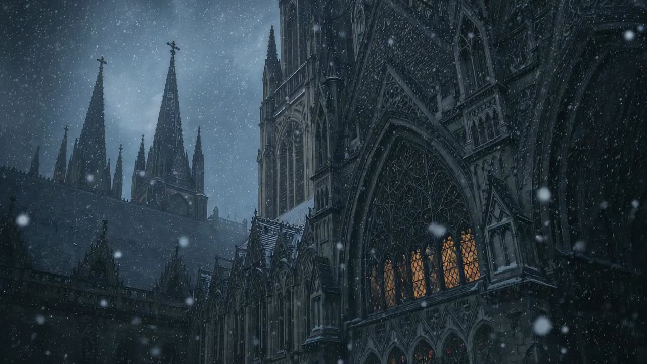 Panning camera showing Gothic cathedral facade at dusk, snow falling, stained-glass windows glowing