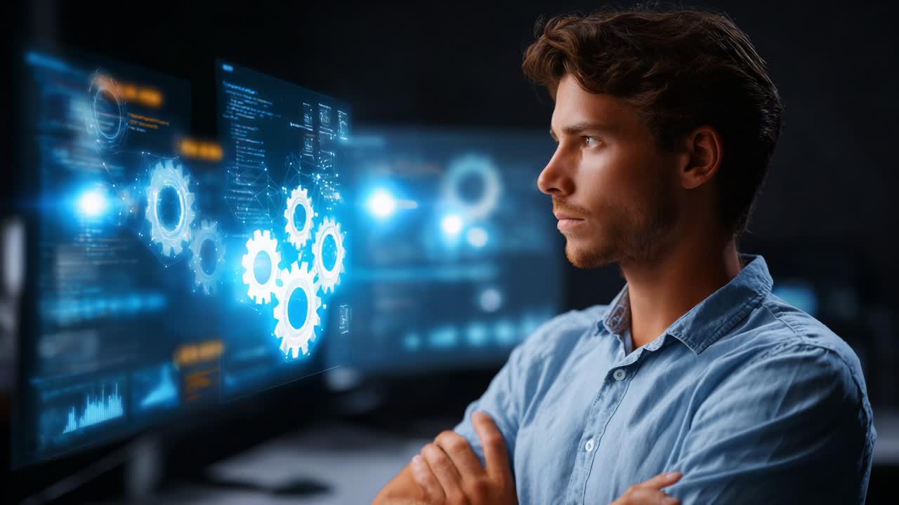 A focused individual analyzes complex data visualizations on multiple screens, emphasizing the intersection of technology and human intelligence in a modern workspace environment