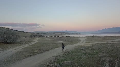 Forward-drone-shot-of-a-girl-running-to-the-lake