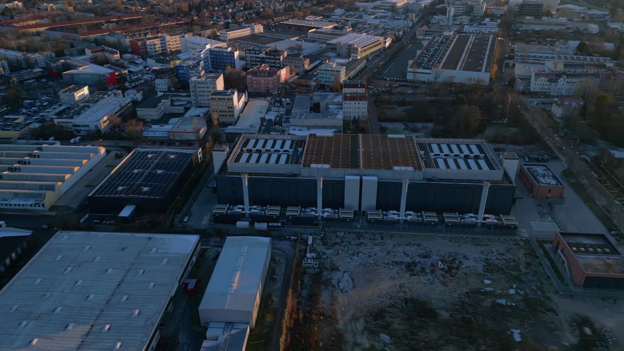 Large modern data center building providing essential services for artificial intelligence and cloud computing. speed ramp hyper motion time lapse Stunning aerial view
