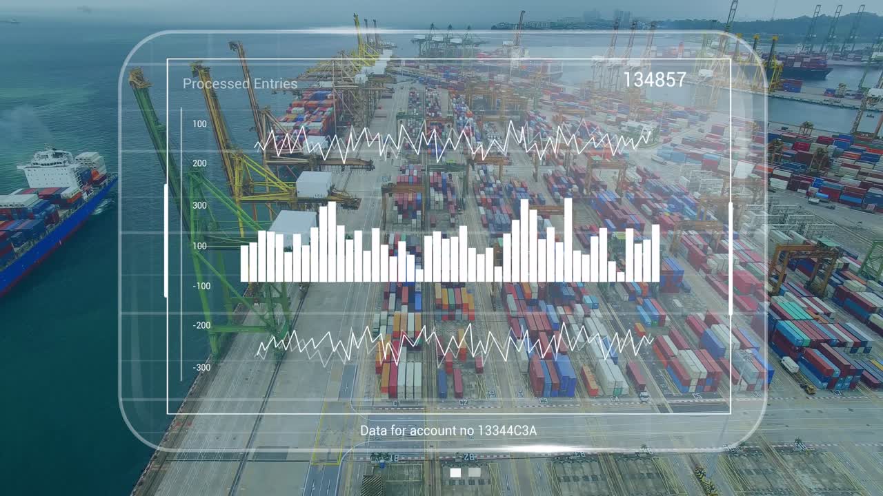 Premium stock video - Animation of data processing on screen over shipyard