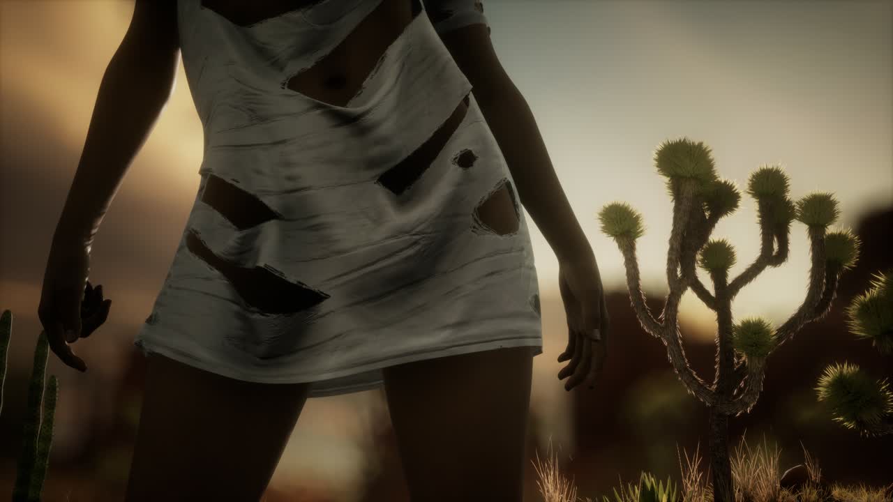 mujer con camisa rasgada de pie junto a un cactus en el desierto al atardecer