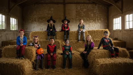 Group of Children Dressed in Costumes for Halloween Celebrations Posing Cheerfully in a Rustic Barn Surrounded by Hay Bales, Capturing the Spirit of Festivity and Fun