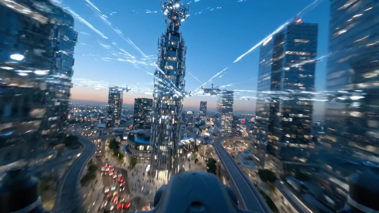 Vista Aérea de uma Paisagem Urbana Futurista ao Anoitecer, Exibindo Arranha-Céus e Arquitetura Moderna Contra um Céu Crepuscular.