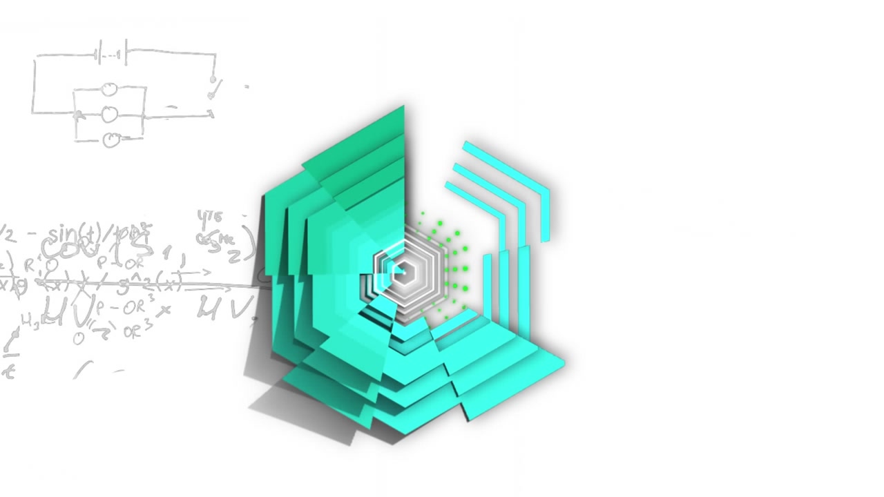 Animation of green shapes over mathematical equations on white background