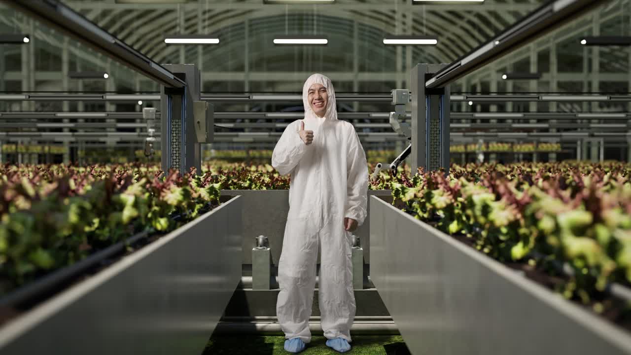 cuerpo lleno de hombre asiático investigador sonriendo y mostrando pulgares hacia arriba gesto a la cámara mientras estaba de pie en el invernadero con agricultores robóticos inteligentes