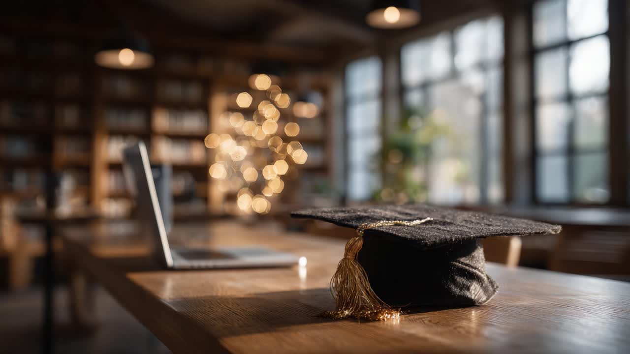 Momento di ispirazione per la laurea: un tocco di laurea su un tavolo con un laptop in un'accogliente biblioteca, a simboleggiare risultati e apprendimento