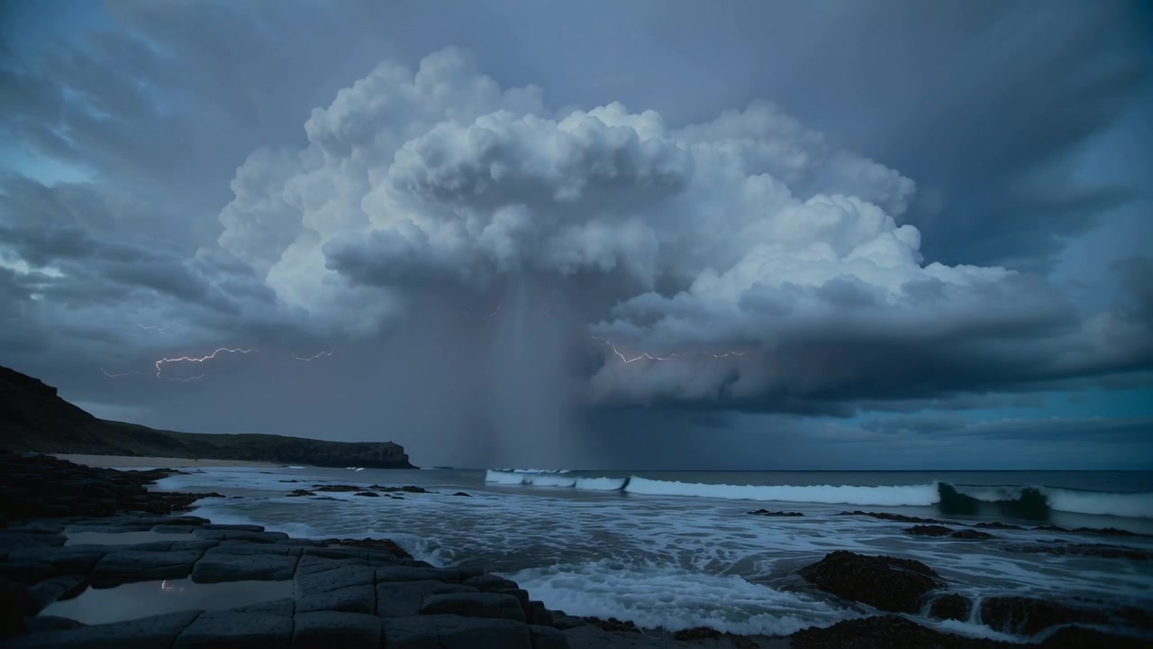 Building storm cloud sending rain shaft and lightning over rocky shore, tidal pools reflecting