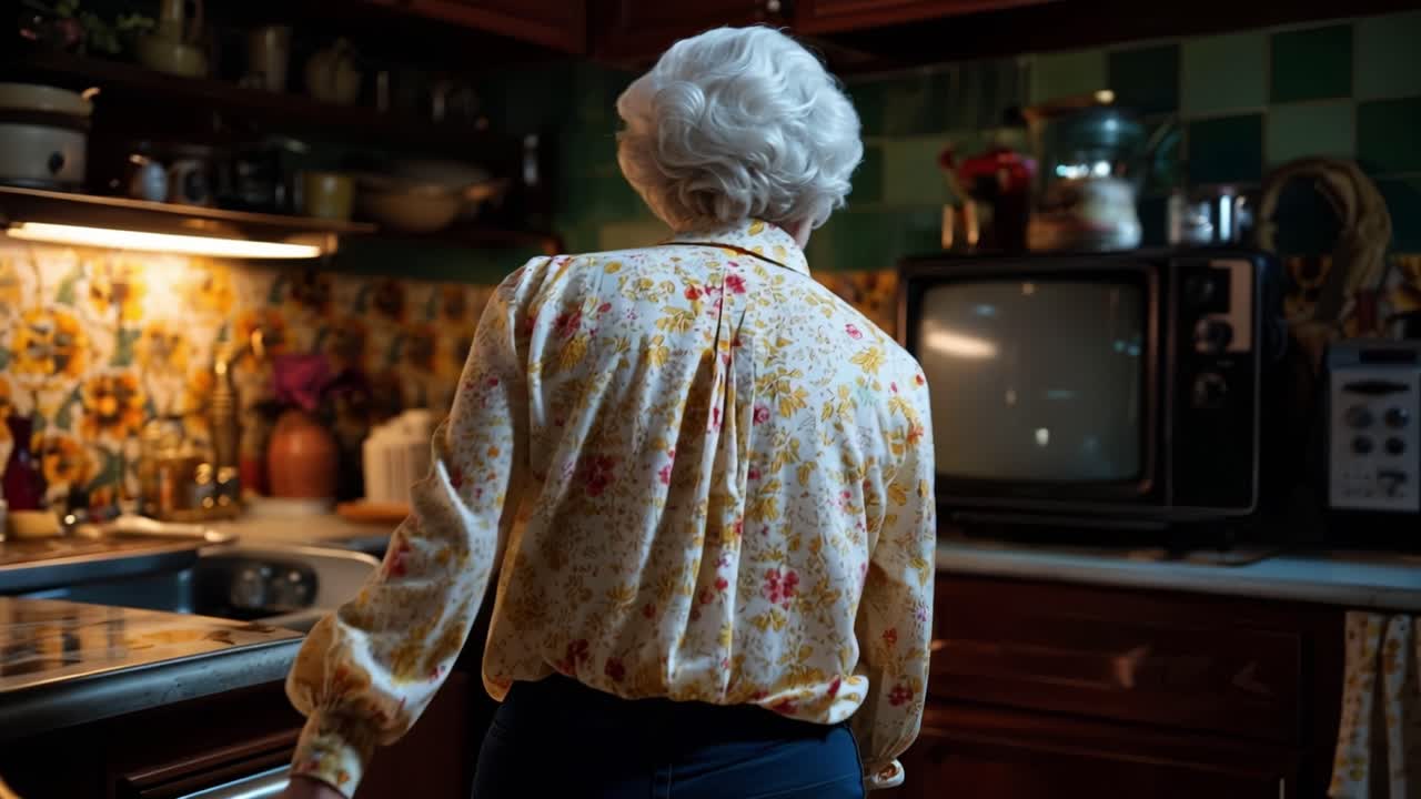 Una donna anziana siede in cucina, guardando la TV. La schiena è rivolta alla telecamera, silenziosa, immobile. Parete piastrellata, mobili in legno, televisore vintage. Una luce calda filtra da sotto l'armadio. Momento di pace, nostalgico, solitario.