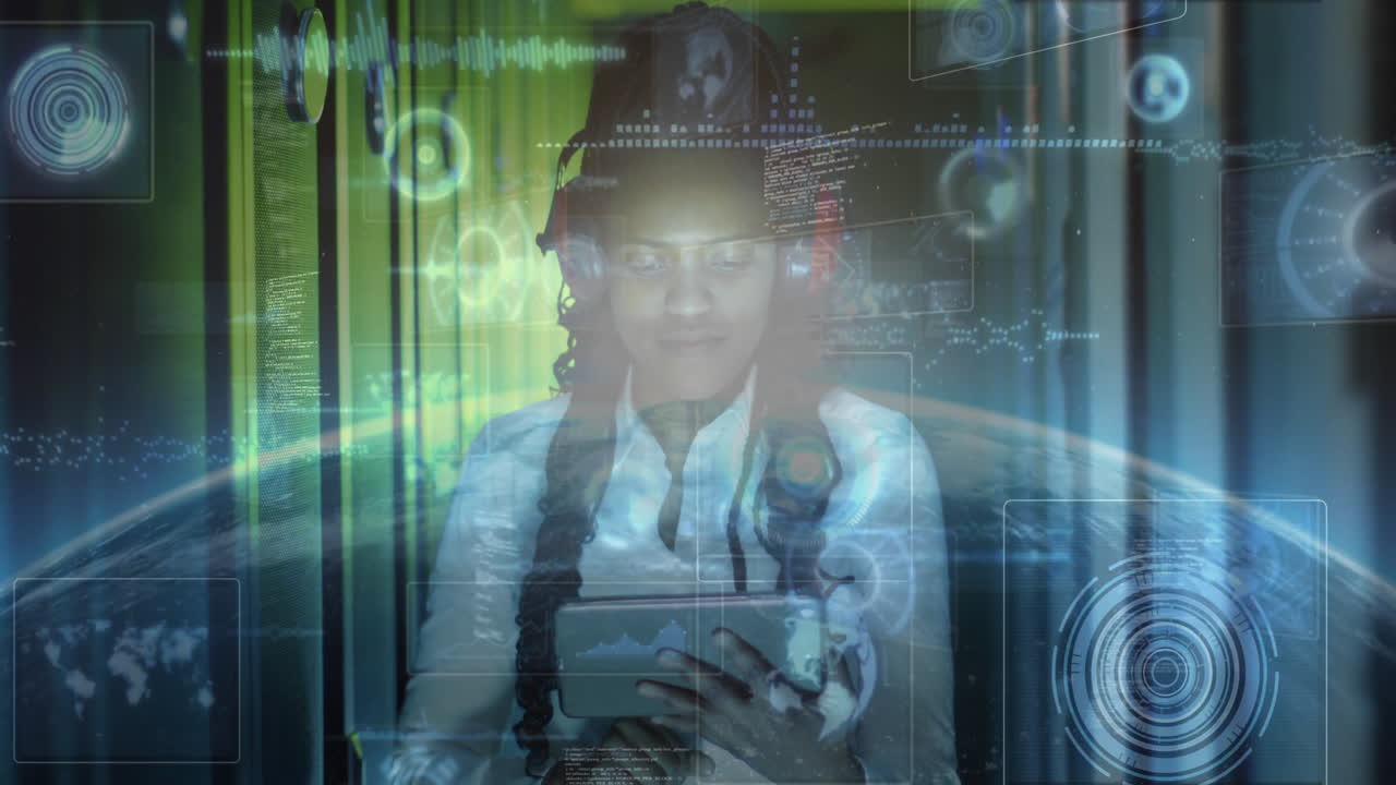 Woman scanning tablet near servers in data center, displaying holographic charts globe projection