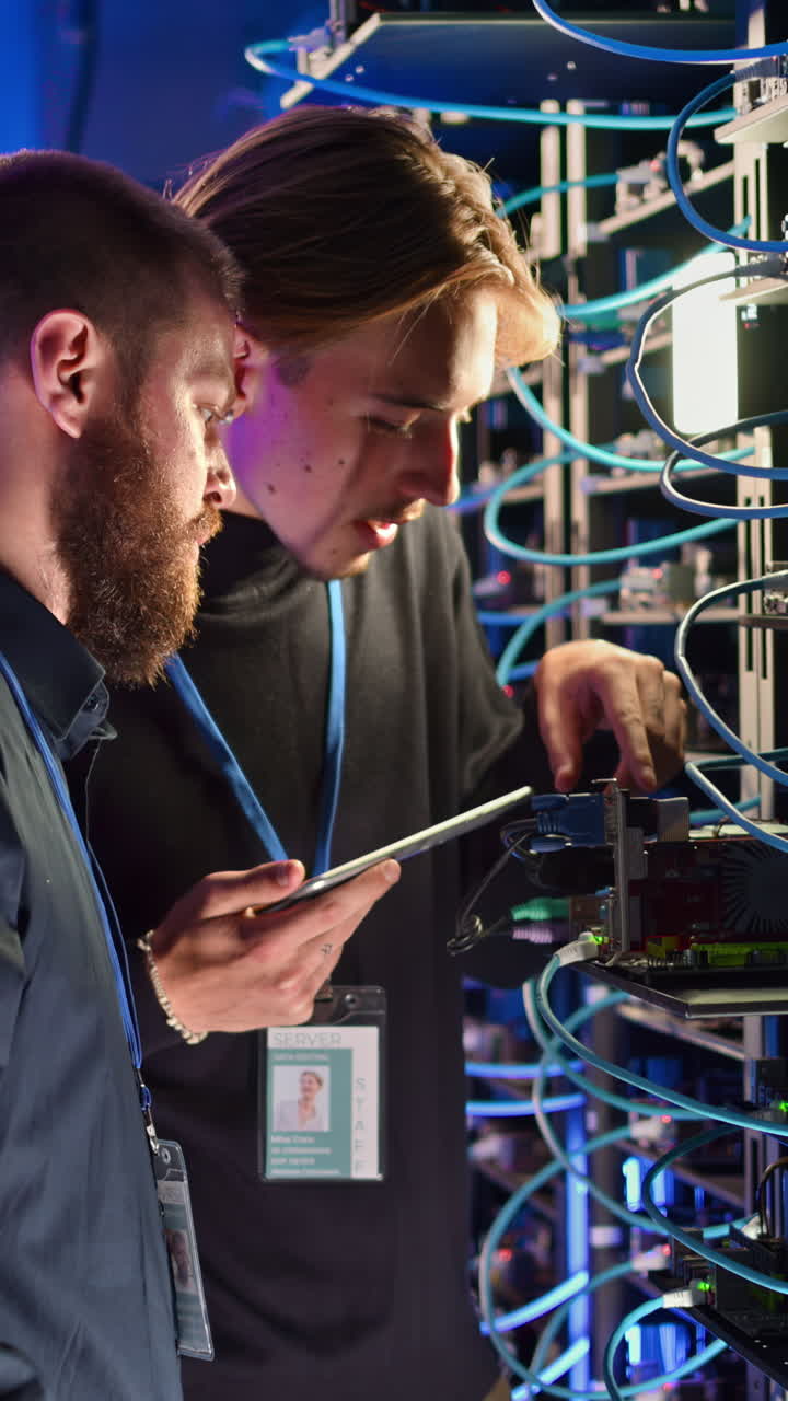 Two men analysing servers in a data centre. Vertical